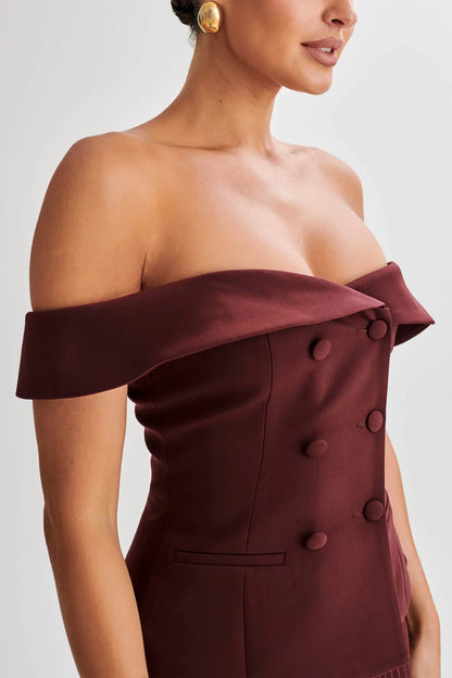 Tweedelige set blazer top off shoulder met plooirok dames – Amelise
