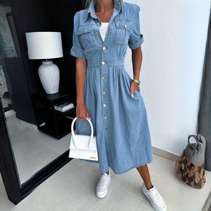 Denim midi-jurk voor dames met knoopsluiting – Ravela
