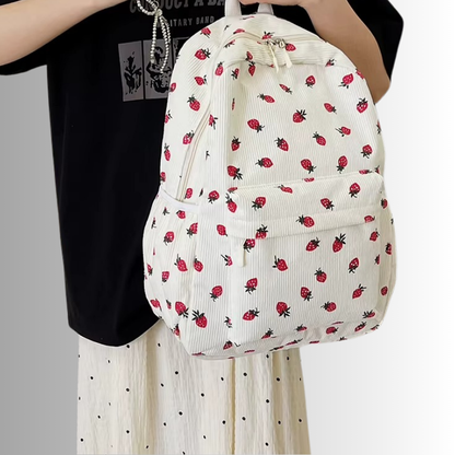 Corduroy rugzak met aardbeiprint en laptopvak – Frezana