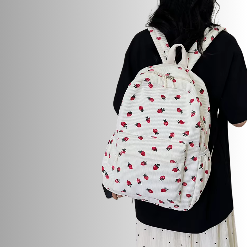 Corduroy rugzak met aardbeiprint en laptopvak – Frezana