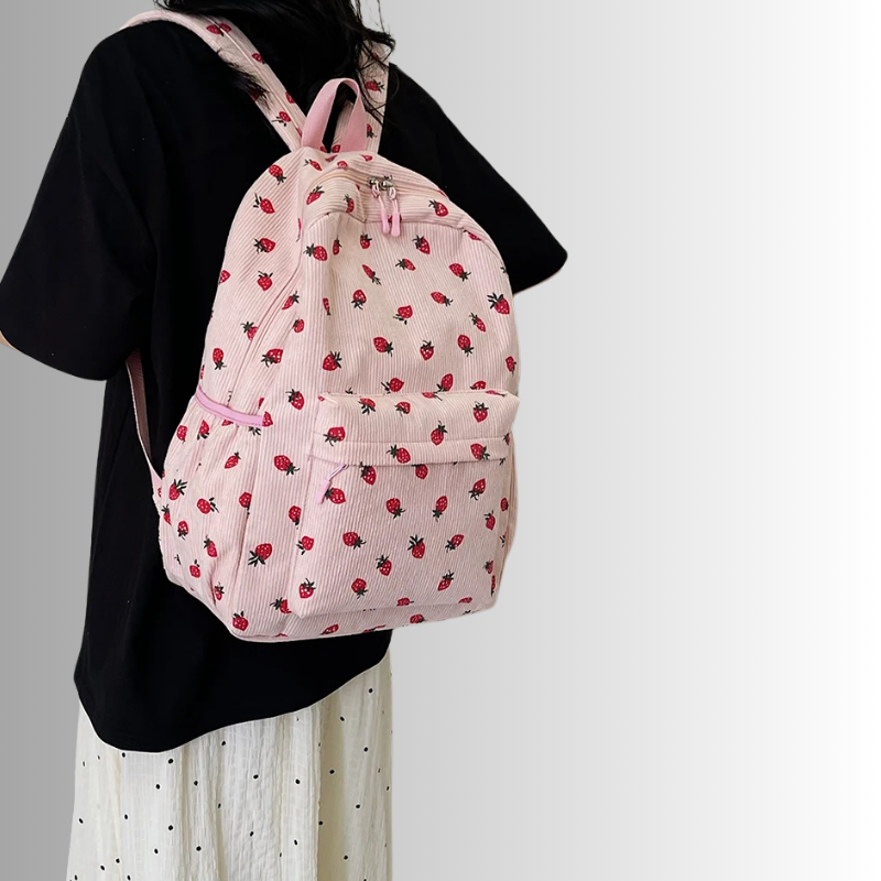 Corduroy rugzak met aardbeiprint en laptopvak – Frezana