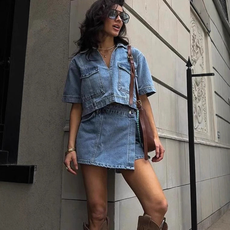 Denim dames set met broekrok en V-hals top – Zynari