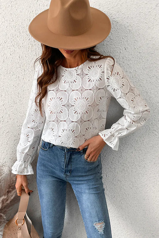 Witte bloemenblouse met trompetmouwen – Elise