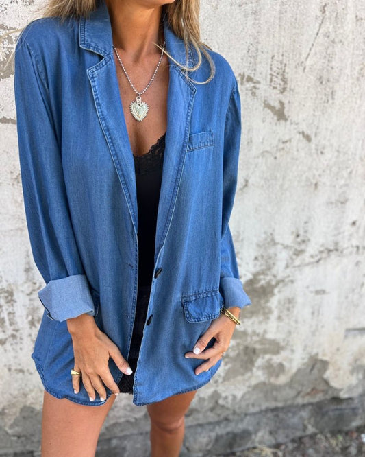 Dames denim jas relaxed fit blauw knopen stijl – Elvarra