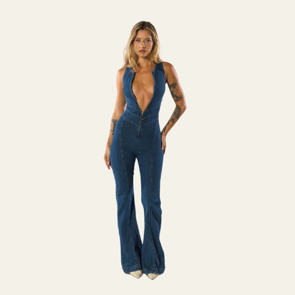 Aansluitende denim jumpsuit met retro flair – Mila
