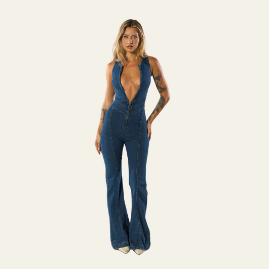Aansluitende denim jumpsuit met retro flair – Mila