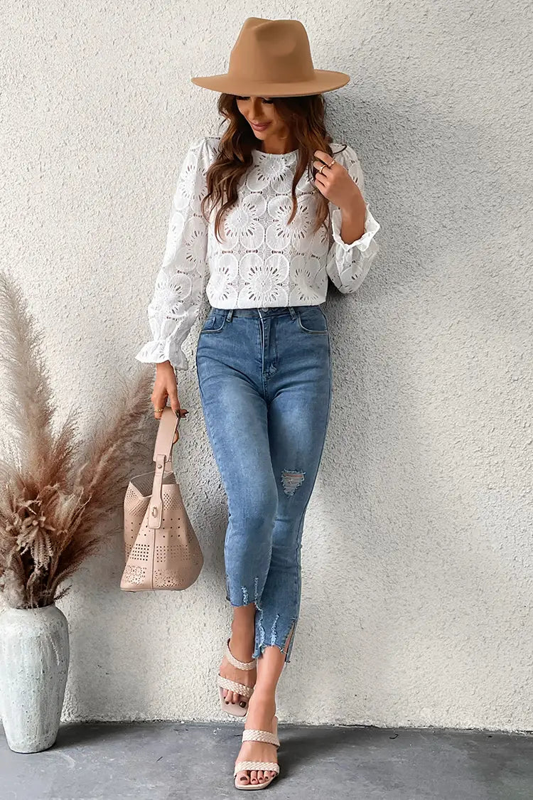 Witte bloemenblouse met trompetmouwen – Elise