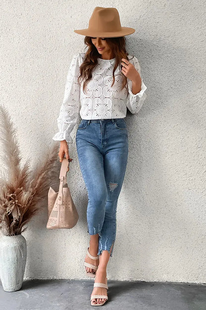 Witte bloemenblouse met trompetmouwen – Elise