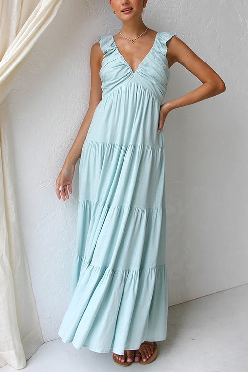 V-hals maxi-jurk met ruches voor dames in linnenmix – Elviera