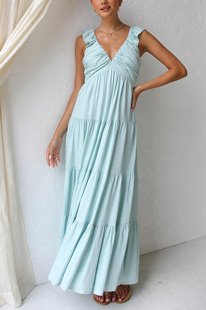V-hals maxi-jurk met ruches voor dames in linnenmix – Elviera