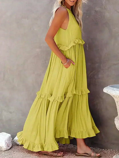 Maxi Halterjurk met Ruffles en Elegante Pasvorm – Sarah