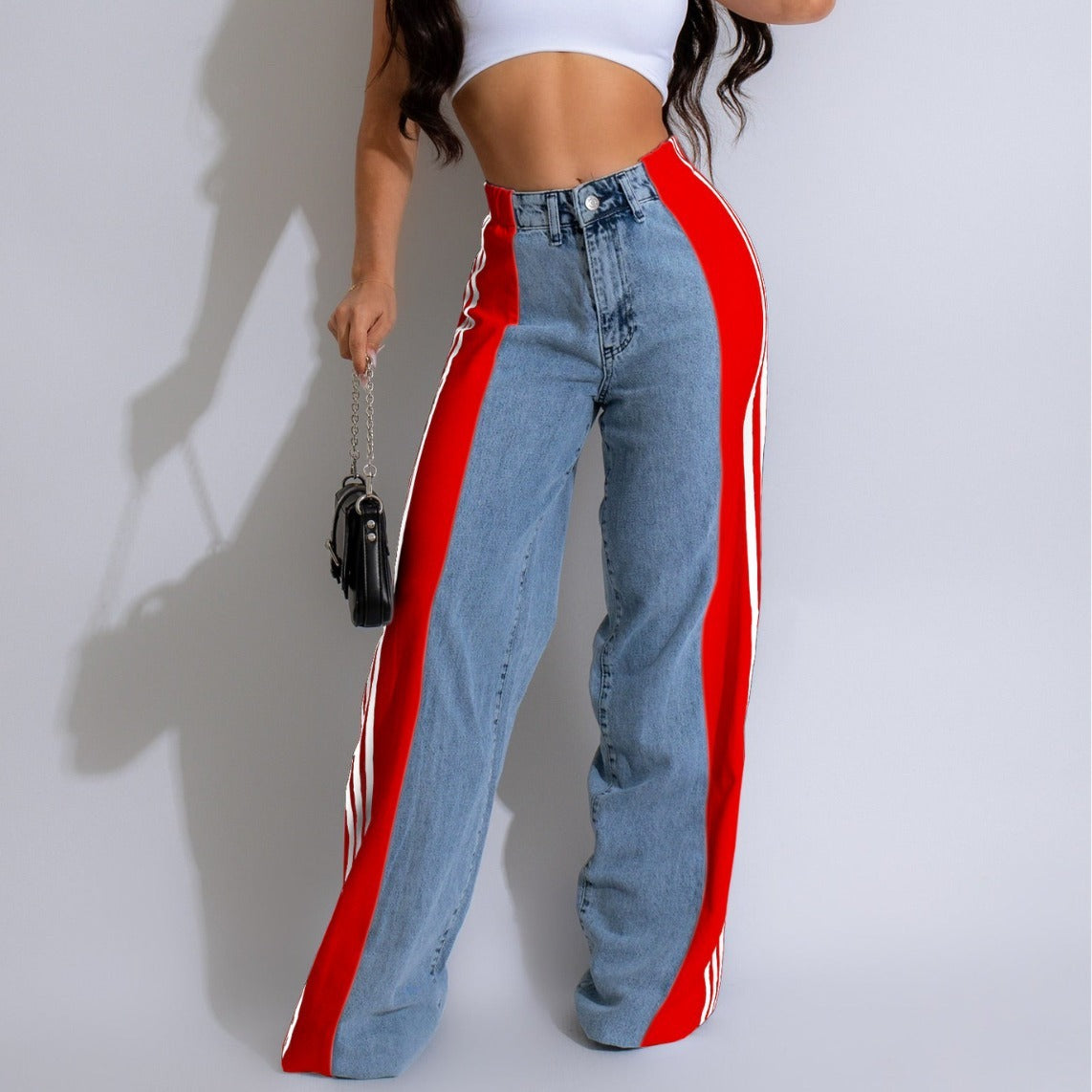 Trendy Wijde Denim Broek Met Strepen – Apple