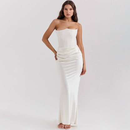 Strapless satijnen avondjurk met drapering – Amina