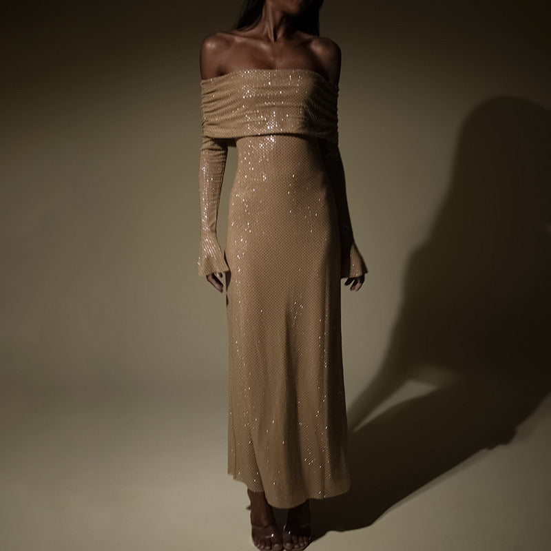 Off shoulder maxi jurk met glans en raglanmouwen – Elisia