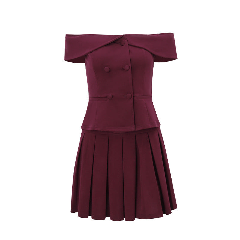 Tweedelige set blazer top off shoulder met plooirok dames – Amelise