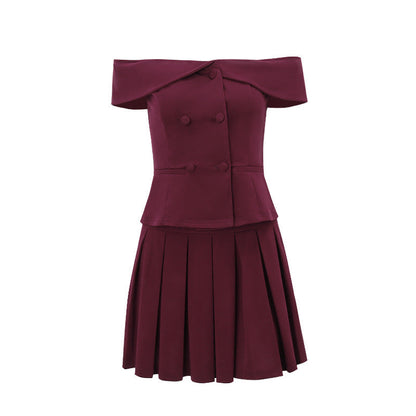 Tweedelige set blazer top off shoulder met plooirok dames – Amelise