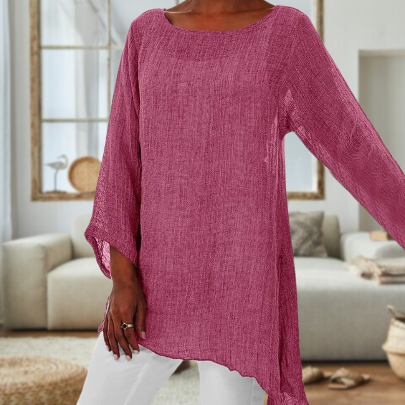 Chique linnen blouse met lange mouwen en ronde hals – Emilia