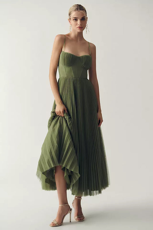 Tule midi-jurk met bustier en plissérok – Elise