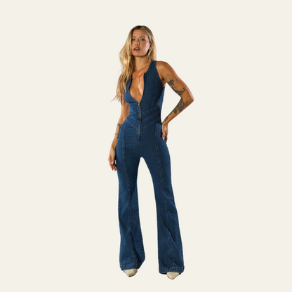 Aansluitende denim jumpsuit met retro flair – Mila
