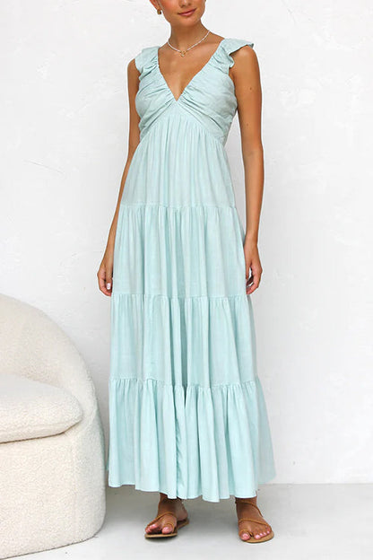 V-hals maxi-jurk met ruches voor dames in linnenmix – Elviera