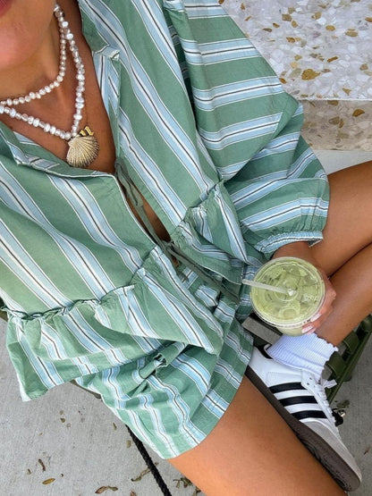 Gestreepte zomerset met ruffle top en short – Zoë