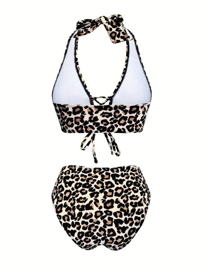 Panterprint Bikini met Halter en Hoge Snit – Seravena