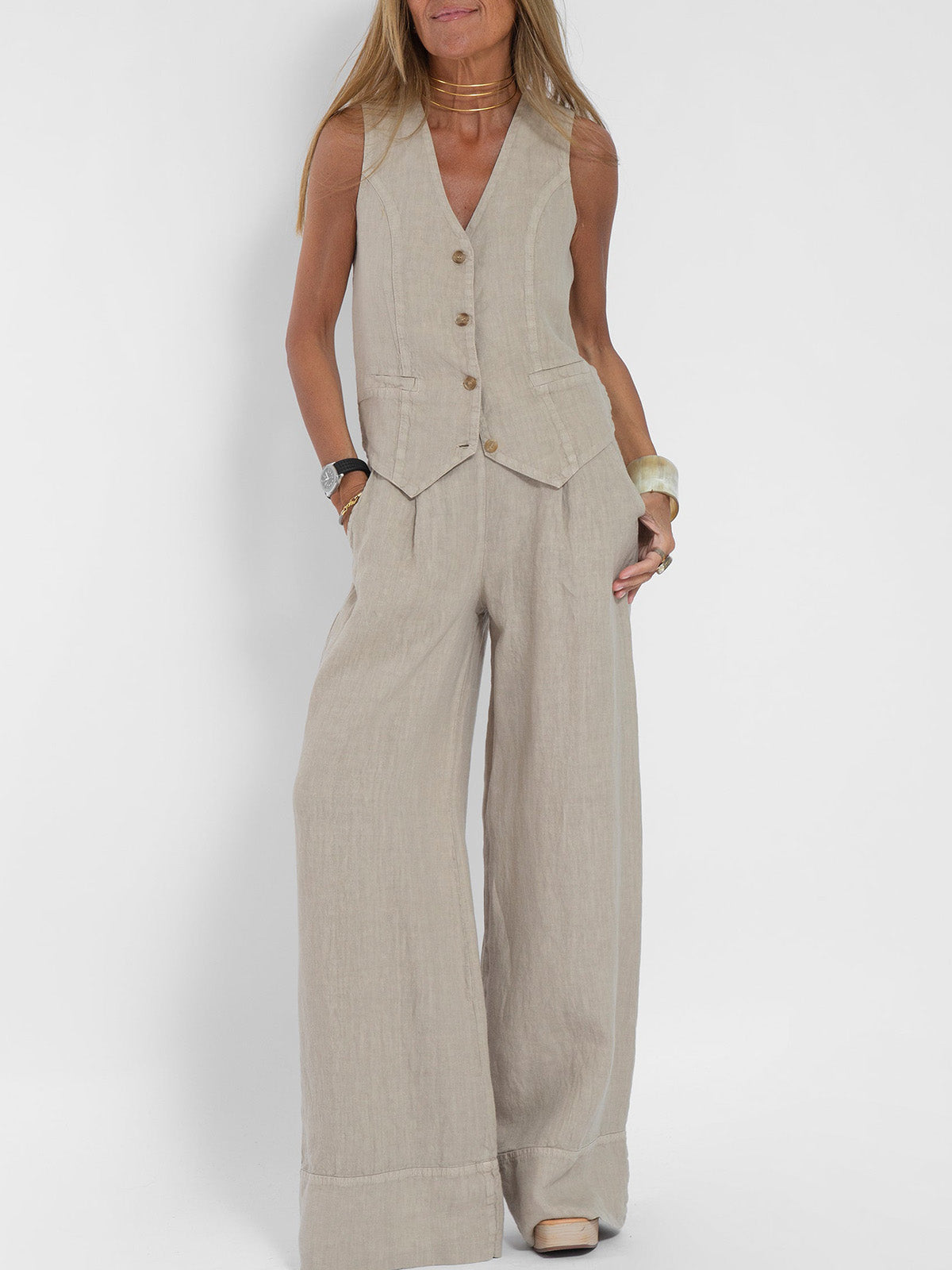 Twee-delige dames set vest en wijde broek – Ella