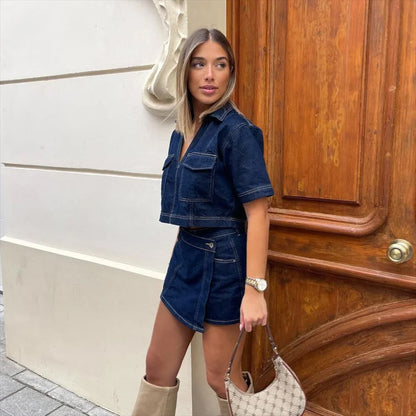 Denim dames set met broekrok en V-hals top – Zynari