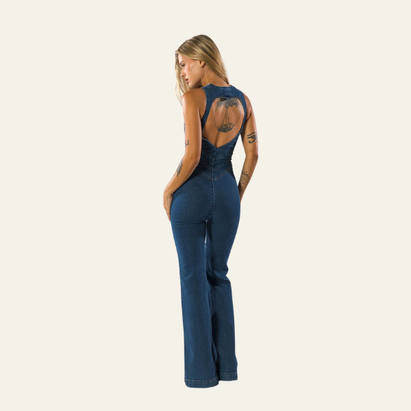 Aansluitende denim jumpsuit met retro flair – Mila
