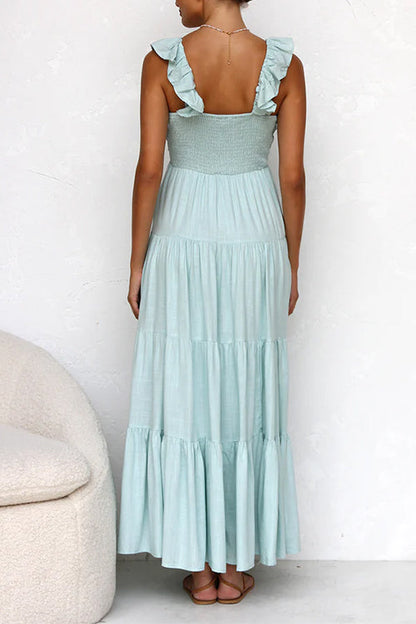 V-hals maxi-jurk met ruches voor dames in linnenmix – Elviera