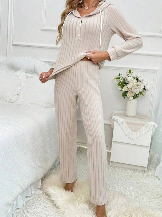 Top met capuchon en geribde broek met trekkoord – Demi