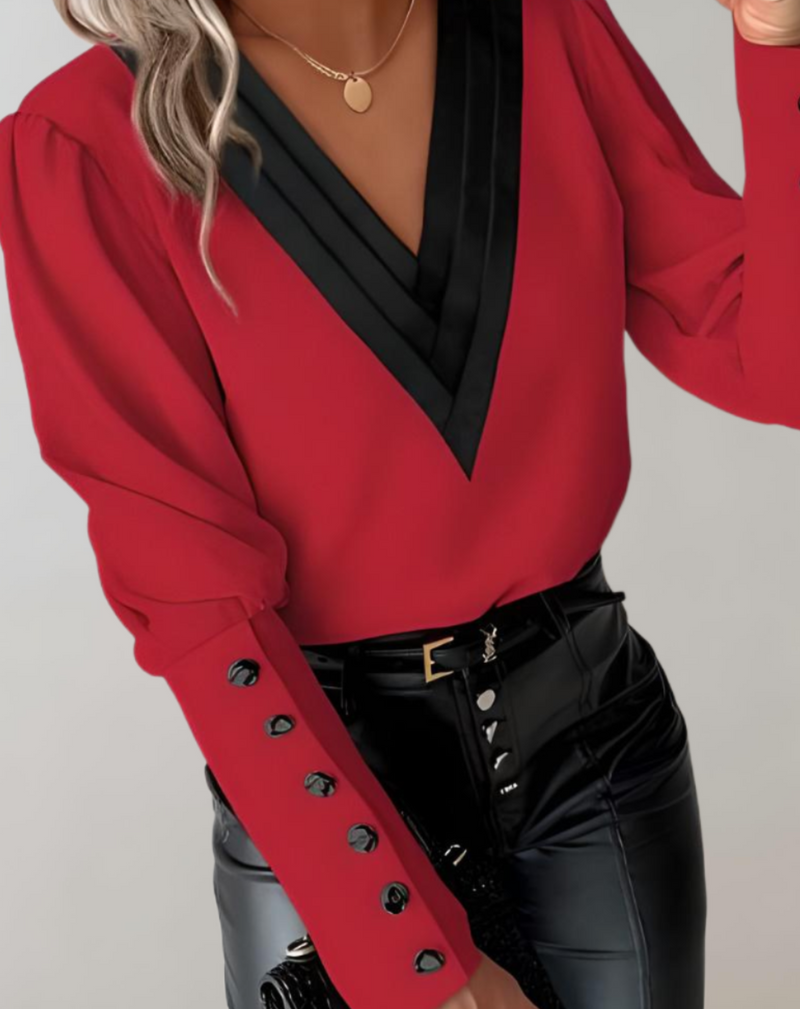 Stijlvolle Longsleeve Top met V-Hals en Knopen – Sophie