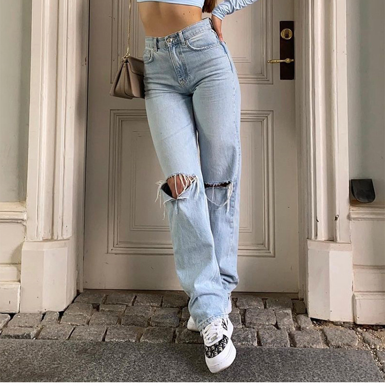 Hoge taille gescheurde rechte jeans voor dames – Naomi