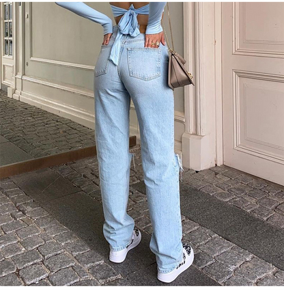 Hoge taille gescheurde rechte jeans voor dames – Naomi