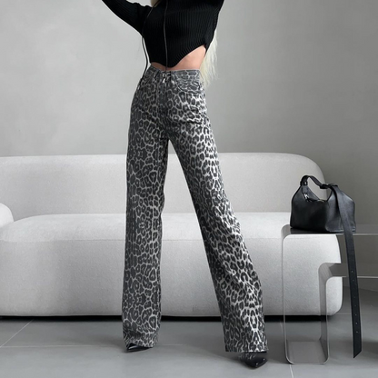 Trendy wijde pijpen jeans met leopardprint – Zoë
