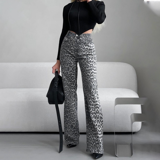 Wijde pijpen jeans met trendy luipaardprint – Sophie