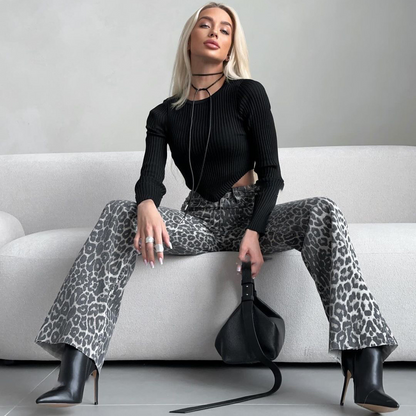 Trendy wijde pijpen jeans met leopardprint – Zoë