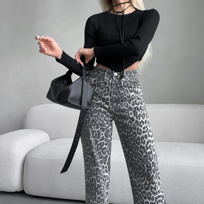 Trendy wijde pijpen jeans met leopardprint – Zoë