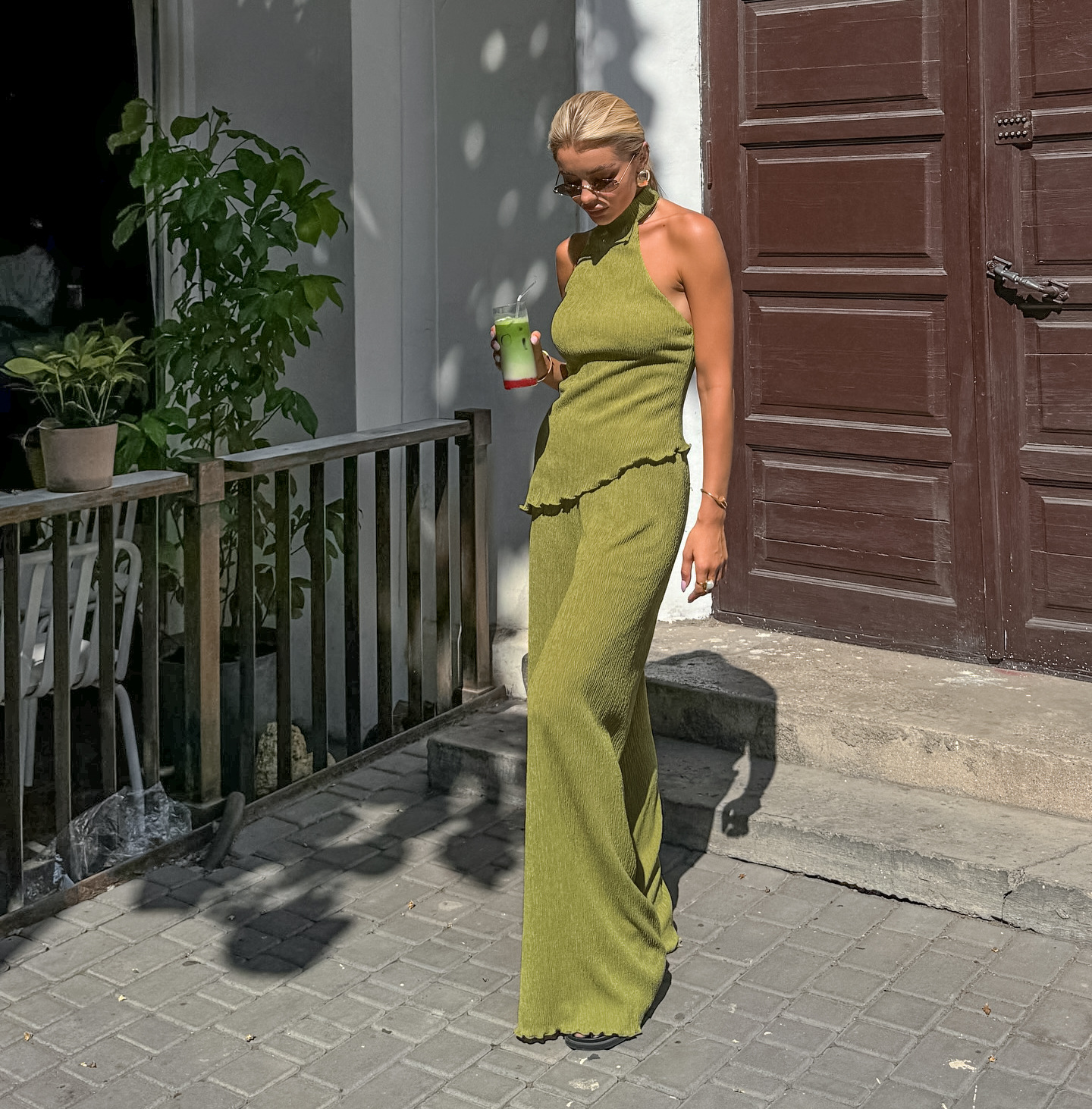 Twee-delige halter set met rimpeldetail – Jade