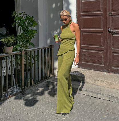 Twee-delige halter set met rimpeldetail – Jade