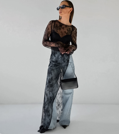 Transparante Brokaat Blouse Zwart voor Dames – Sophie