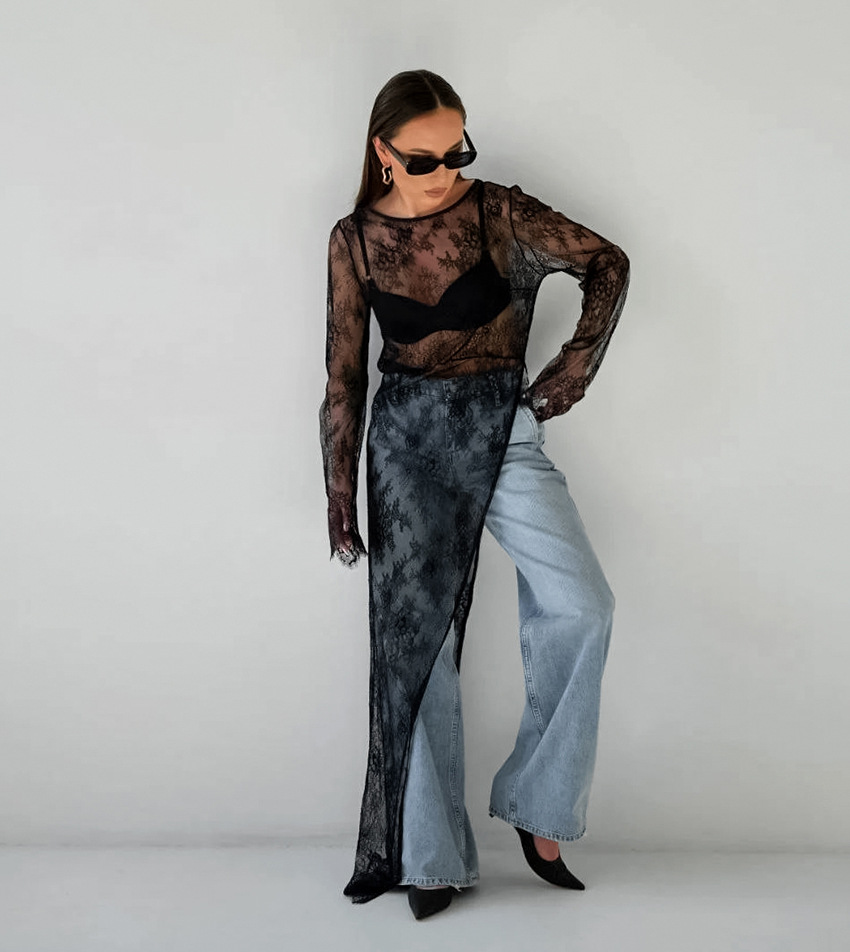 Transparante Brokaat Blouse Zwart voor Dames – Sophie