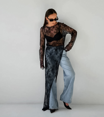 Transparante Brokaat Blouse Zwart voor Dames – Sophie
