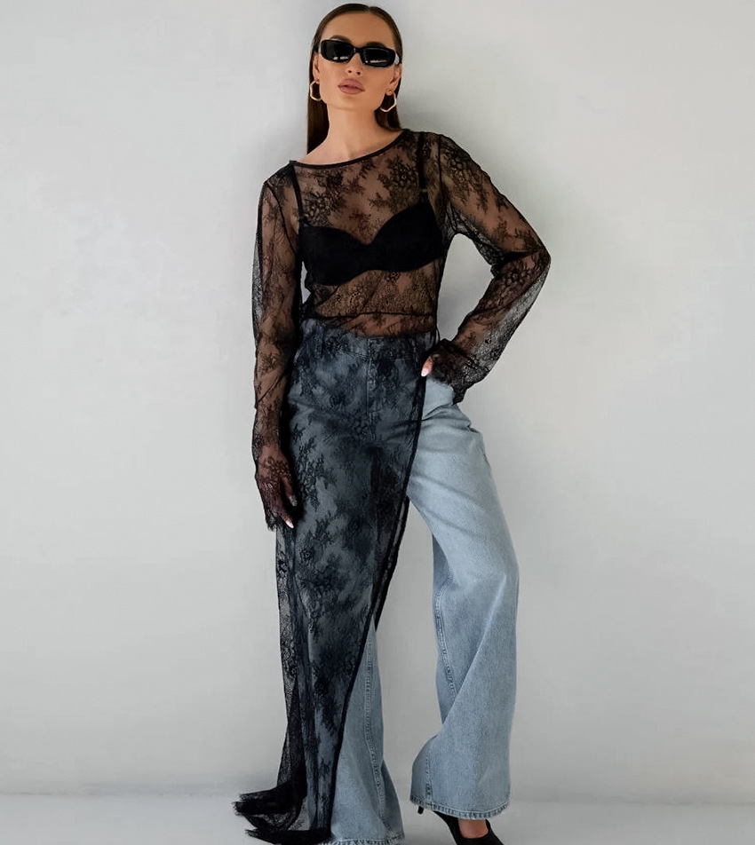 Transparante Brokaat Blouse Zwart voor Dames – Sophie