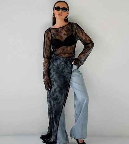 Transparante Brokaat Blouse Zwart voor Dames – Sophie