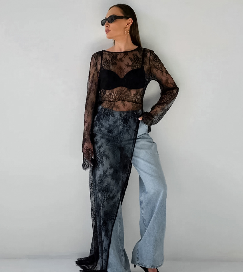 Transparante Brokaat Blouse Zwart voor Dames – Sophie