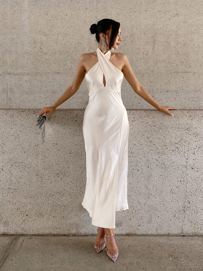 Slanke satijnen halter midi-jurk in off-white – Valentina