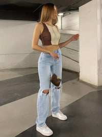 Hoge taille gescheurde rechte jeans voor dames – Sanne