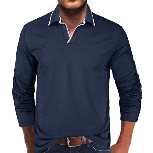 Heren Asymmetrisch V-Hals Polo Shirt met Lange Mouwen – Lars