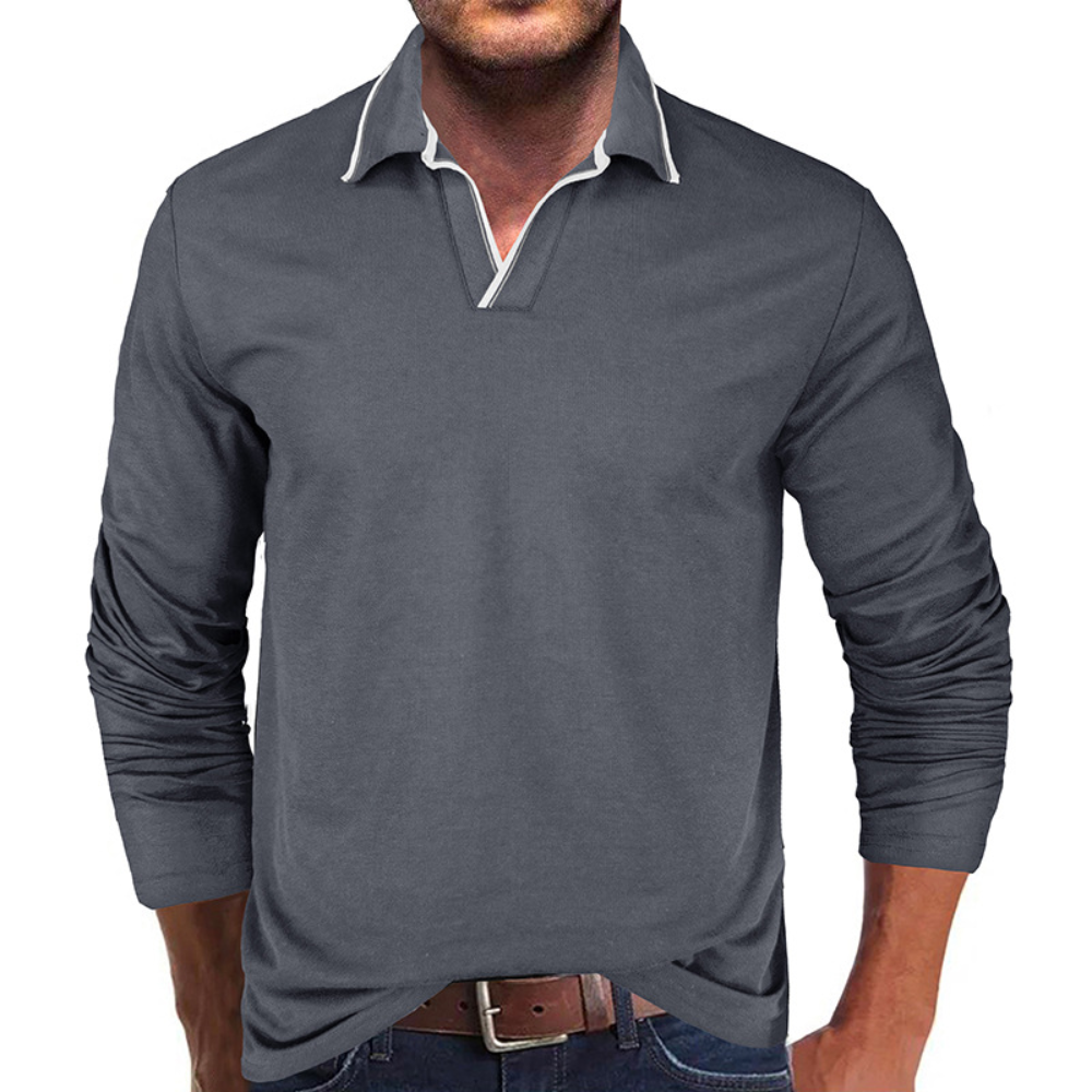 Heren Asymmetrisch V-Hals Polo Shirt met Lange Mouwen – Lars